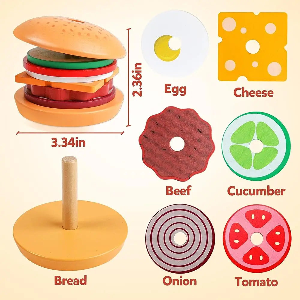 Montessori Wooden Burger Stacking Toy | Educational Preschool Kitchen Learning Game