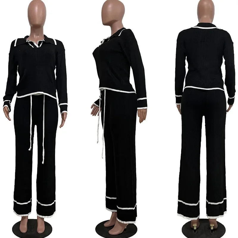 Women’s Knitted Tracksuit Set | 2-Piece Activewear Sweater Top & Wide-Leg Pants