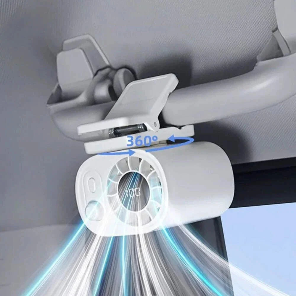 Mini Car Clip Fan | 360° Rotatable USB Rechargeable Fan with 100 Speeds