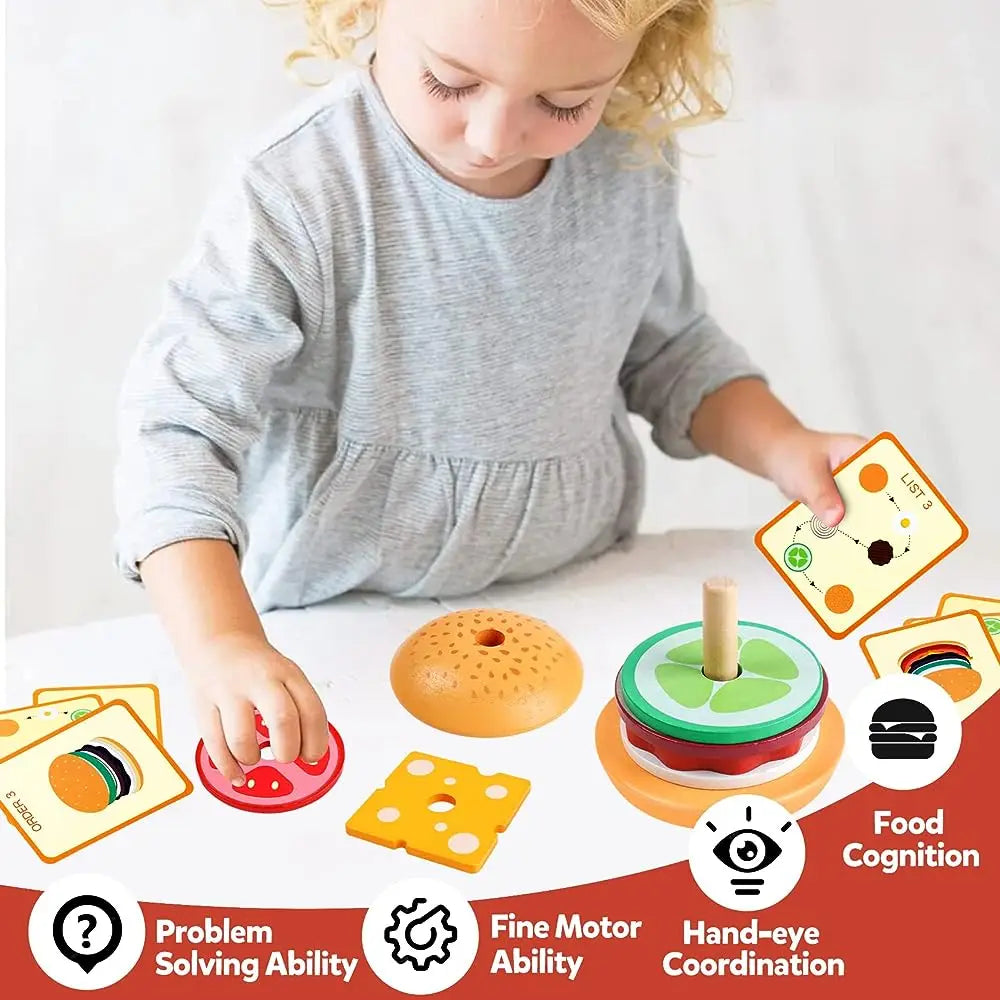 Montessori Wooden Burger Stacking Toy | Educational Preschool Kitchen Learning Game