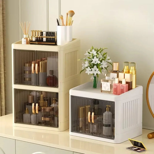 Foldable Cosmetics Storage Box | Double Door Bathroom & Household Organizer