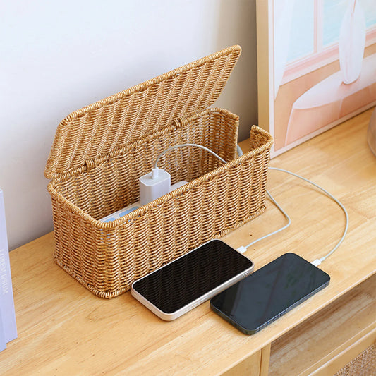 Hand-Woven Charging Station Box | Cable Management Basket for USB & Data Cables