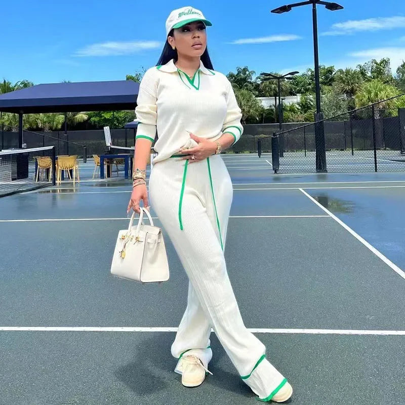 Women’s Knitted Tracksuit Set | 2-Piece Activewear Sweater Top & Wide-Leg Pants