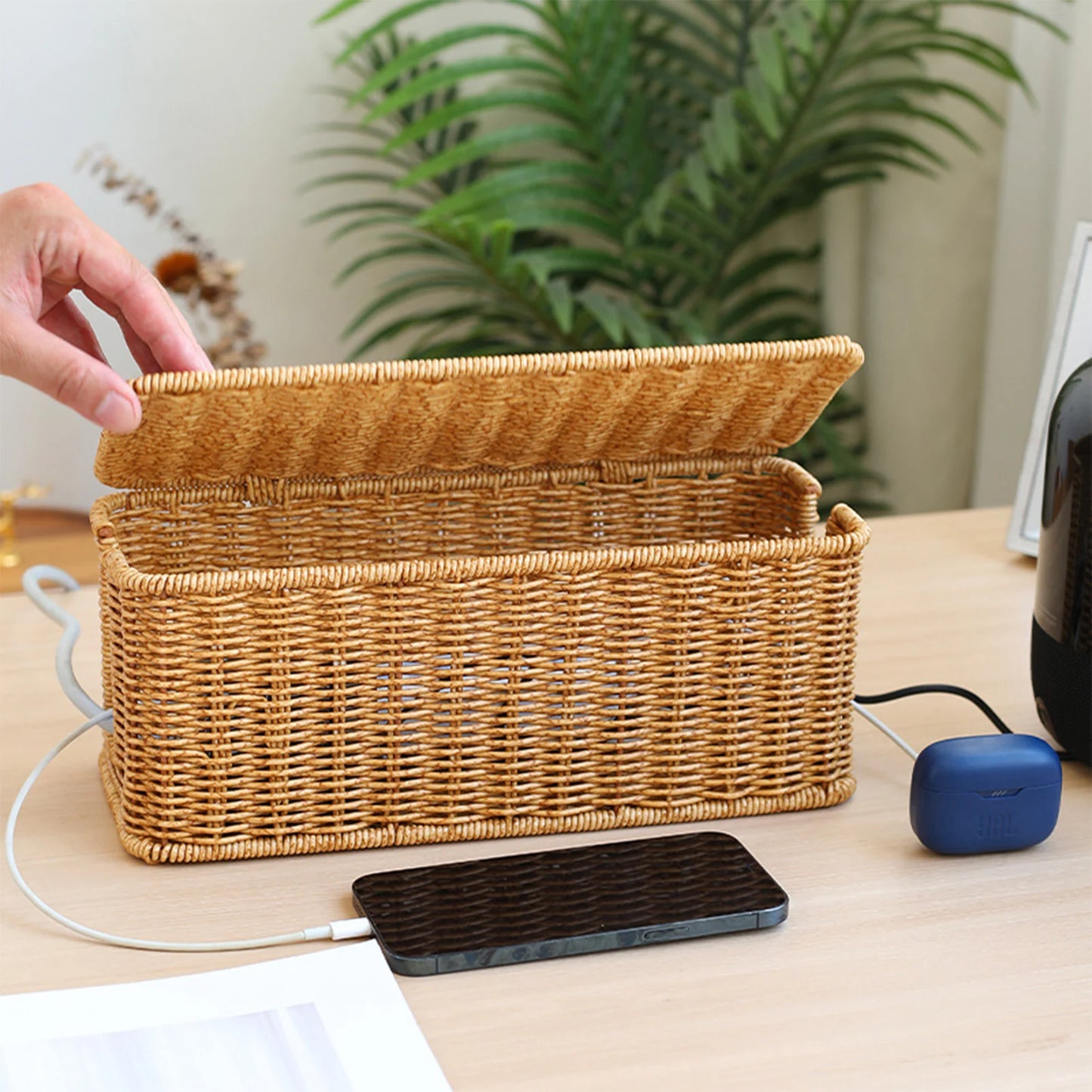 Hand-Woven Charging Station Box | Cable Management Basket for USB & Data Cables