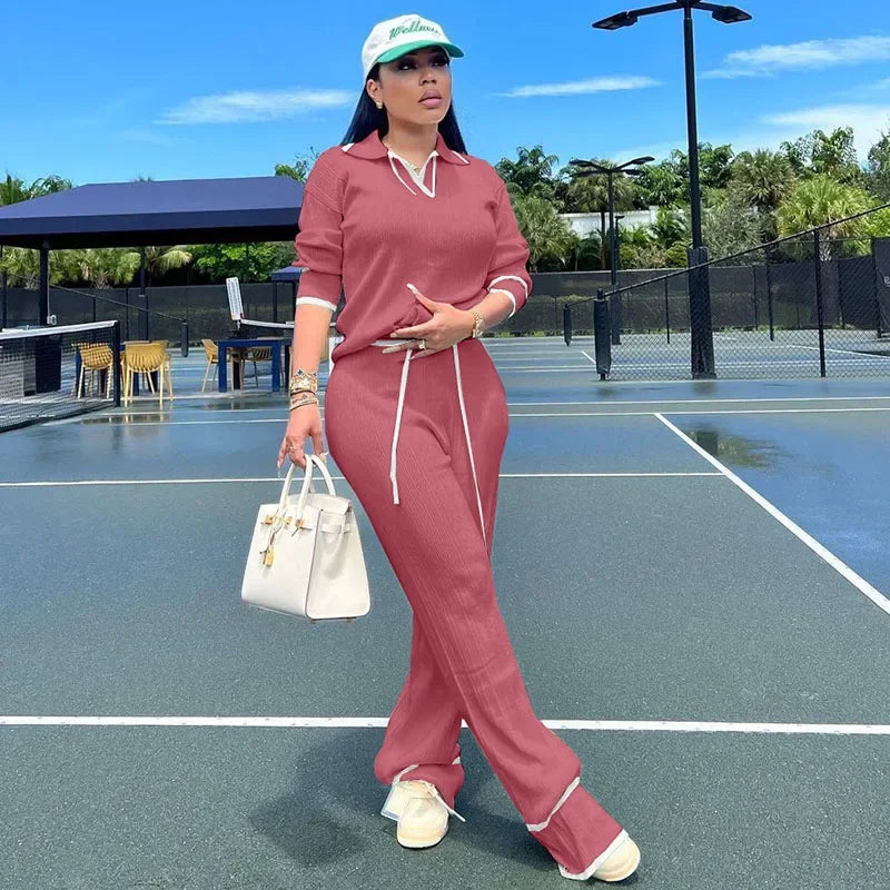 Women’s Knitted Tracksuit Set | 2-Piece Activewear Sweater Top & Wide-Leg Pants