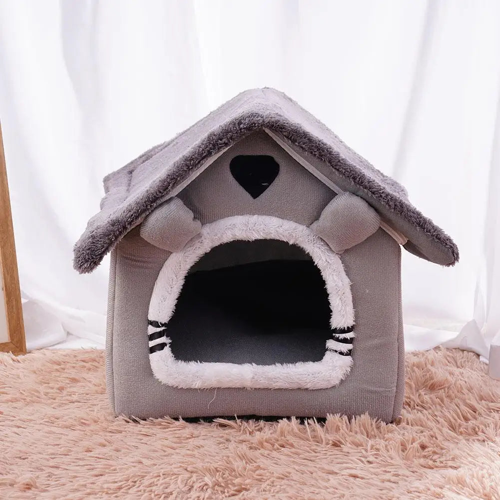 Foldable Pet House Bed | Warm Dog & Cat Kennel Nest with Mat for Winter Comfort