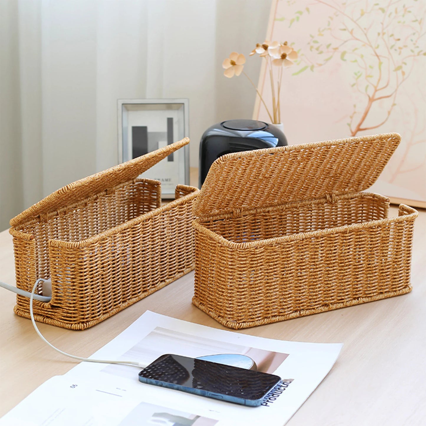 Hand-Woven Charging Station Box | Cable Management Basket for USB & Data Cables