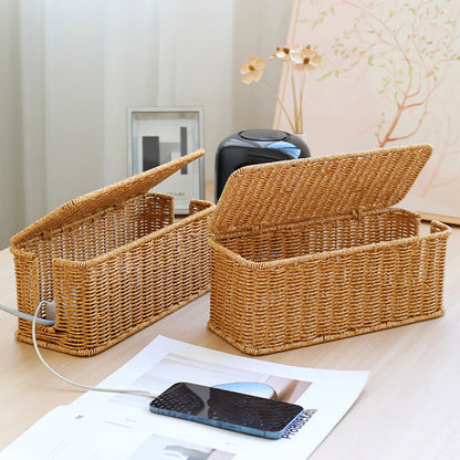 Hand-Woven Charging Station Box | Cable Management Basket for USB & Data Cables