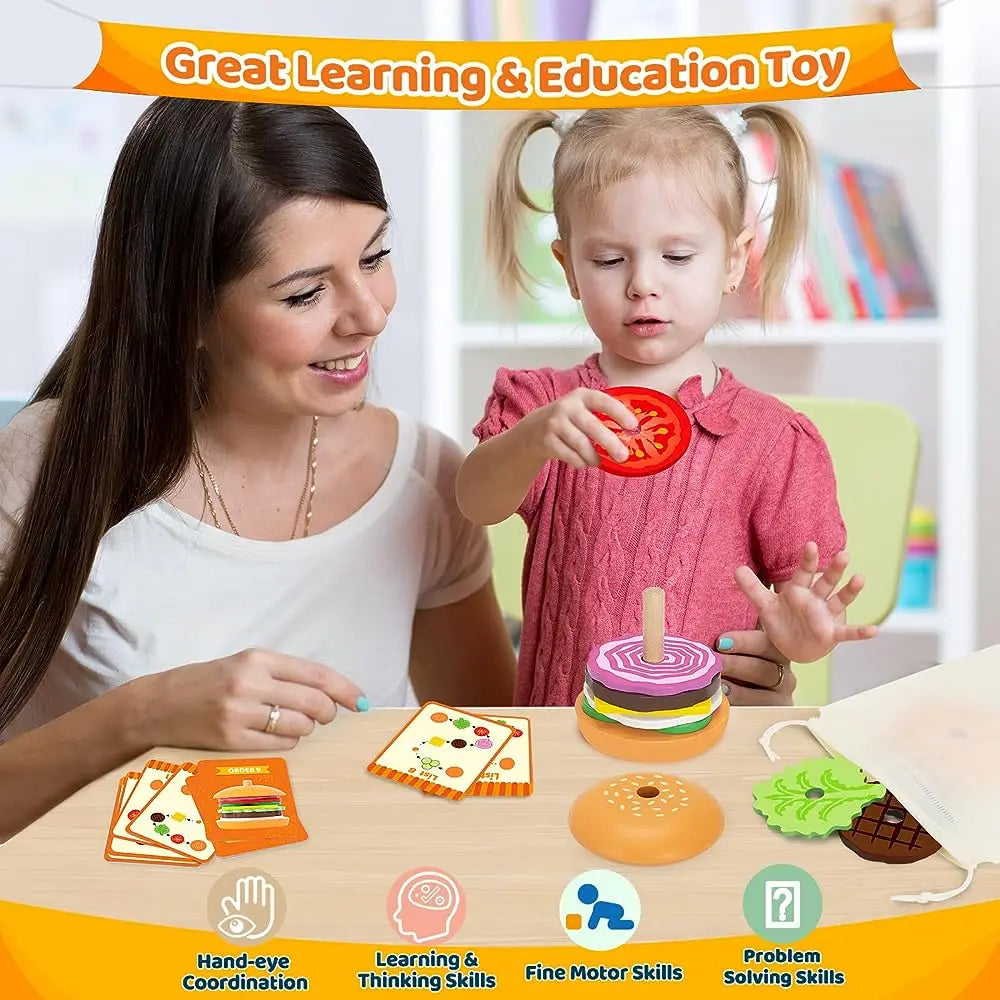 Montessori Wooden Burger Stacking Toy | Educational Preschool Kitchen Learning Game