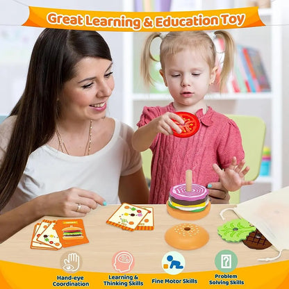 Montessori Wooden Burger Stacking Toy | Educational Preschool Kitchen Learning Game