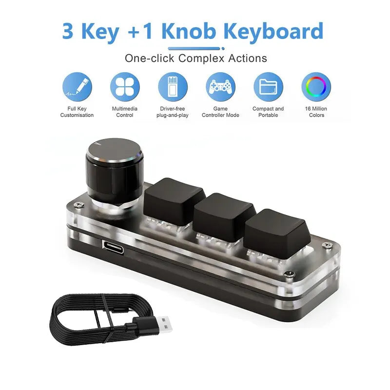 USB Mechanical Macro Keyboard | 3-Key Custom RGB Mini Keypad with Programming Knob
