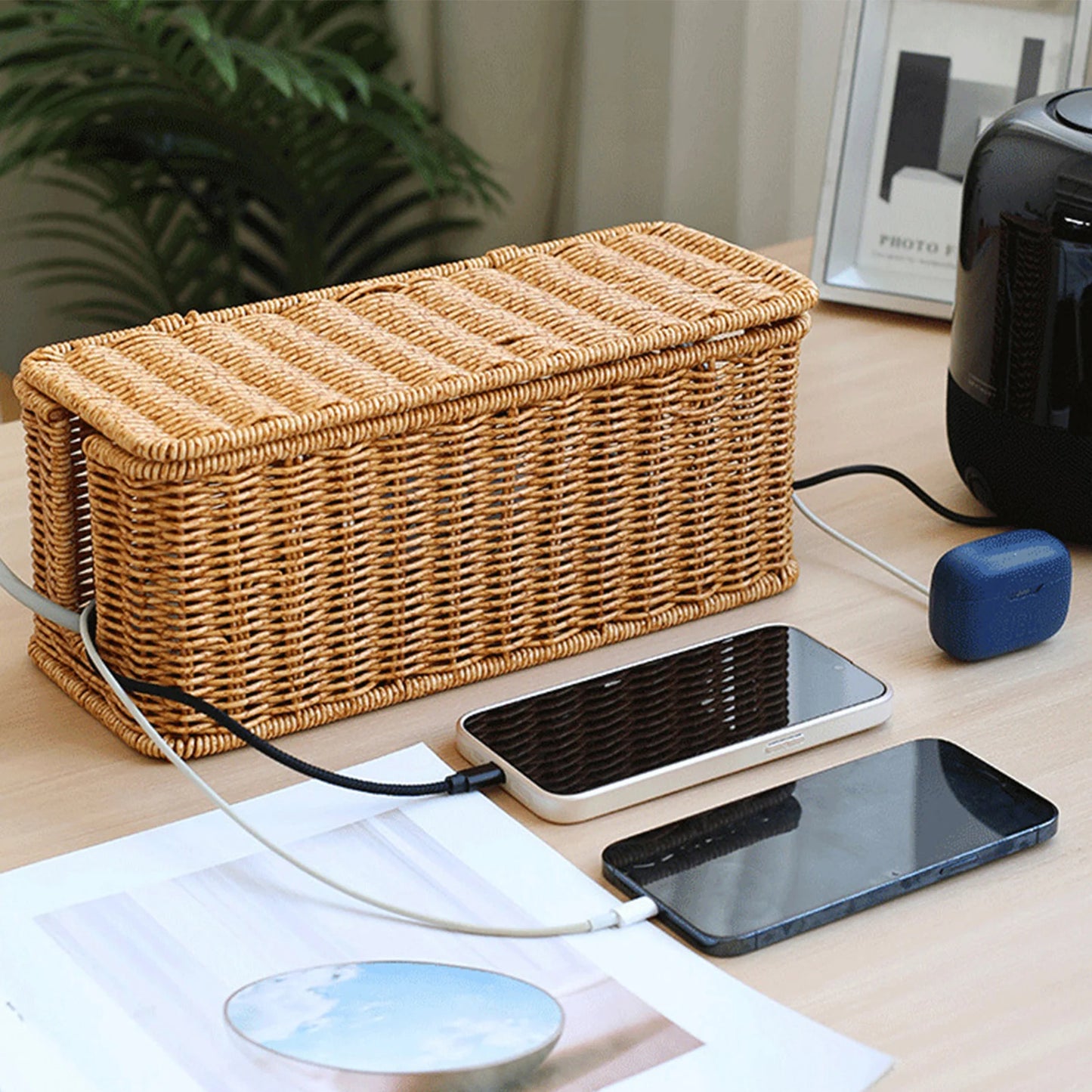 Hand-Woven Charging Station Box | Cable Management Basket for USB & Data Cables