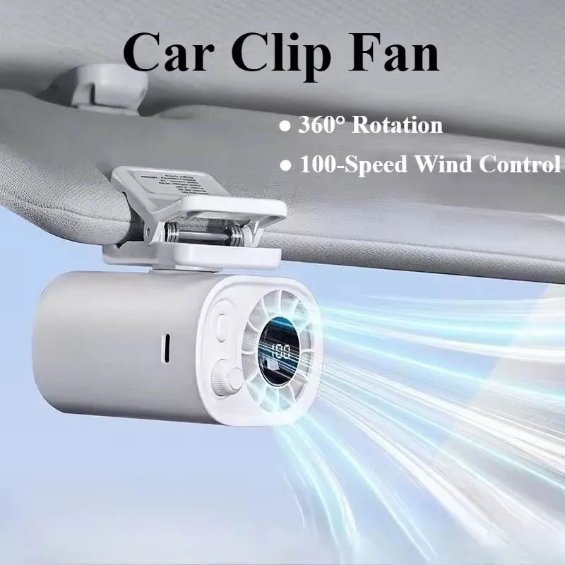 Car Clip-On Fan | 360° Rotatable USB Rechargeable Fan with 100 Speeds
