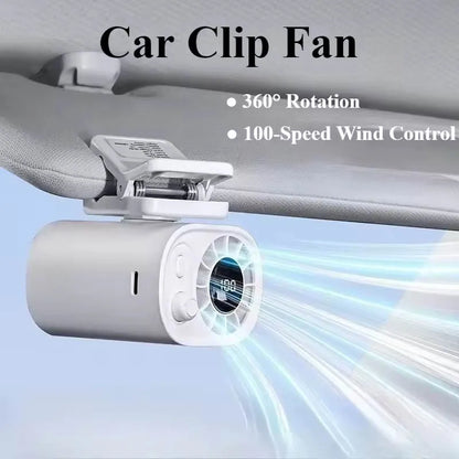 Car Clip-On Fan | 360° Rotatable USB Rechargeable Fan with 100 Speeds