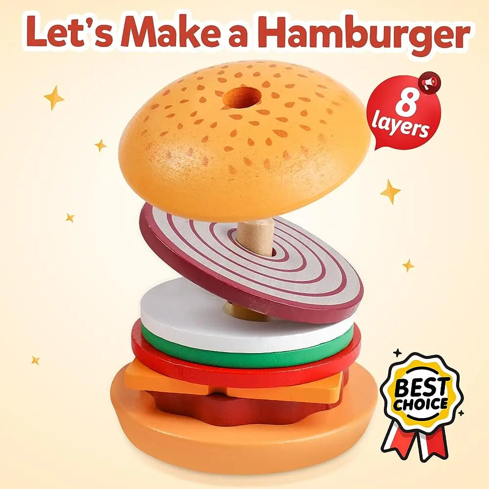 Montessori Wooden Burger Stacking Toy | Educational Preschool Kitchen Learning Game