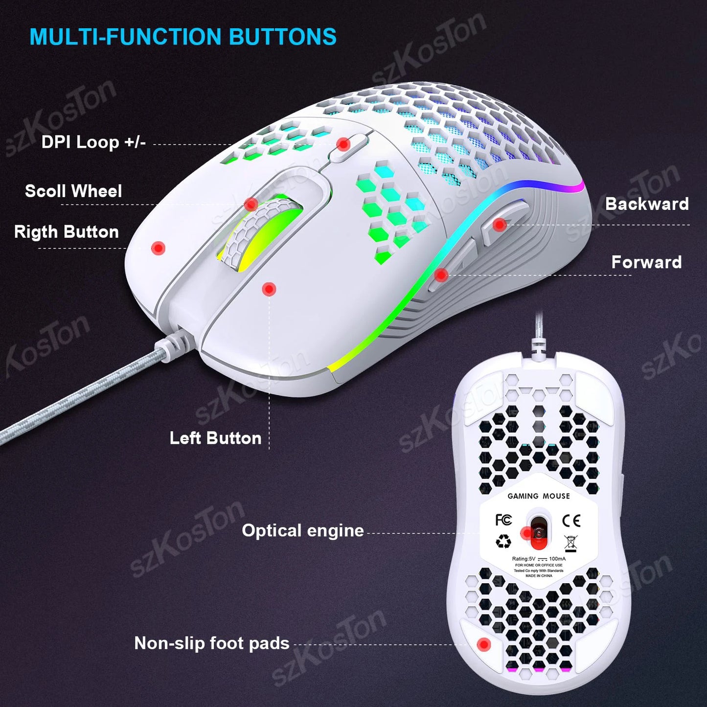 RGB Wired Gaming Mouse | Ergonomic 7200DPI Adjustable Backlit Mouse for PC & Office