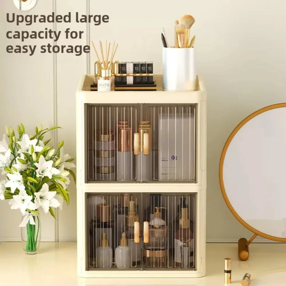 Foldable Cosmetics Storage Box | Double Door Bathroom & Household Organizer