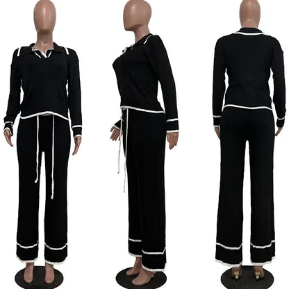 Women’s Knitted Tracksuit Set | 2-Piece Activewear Sweater Top & Wide-Leg Pants