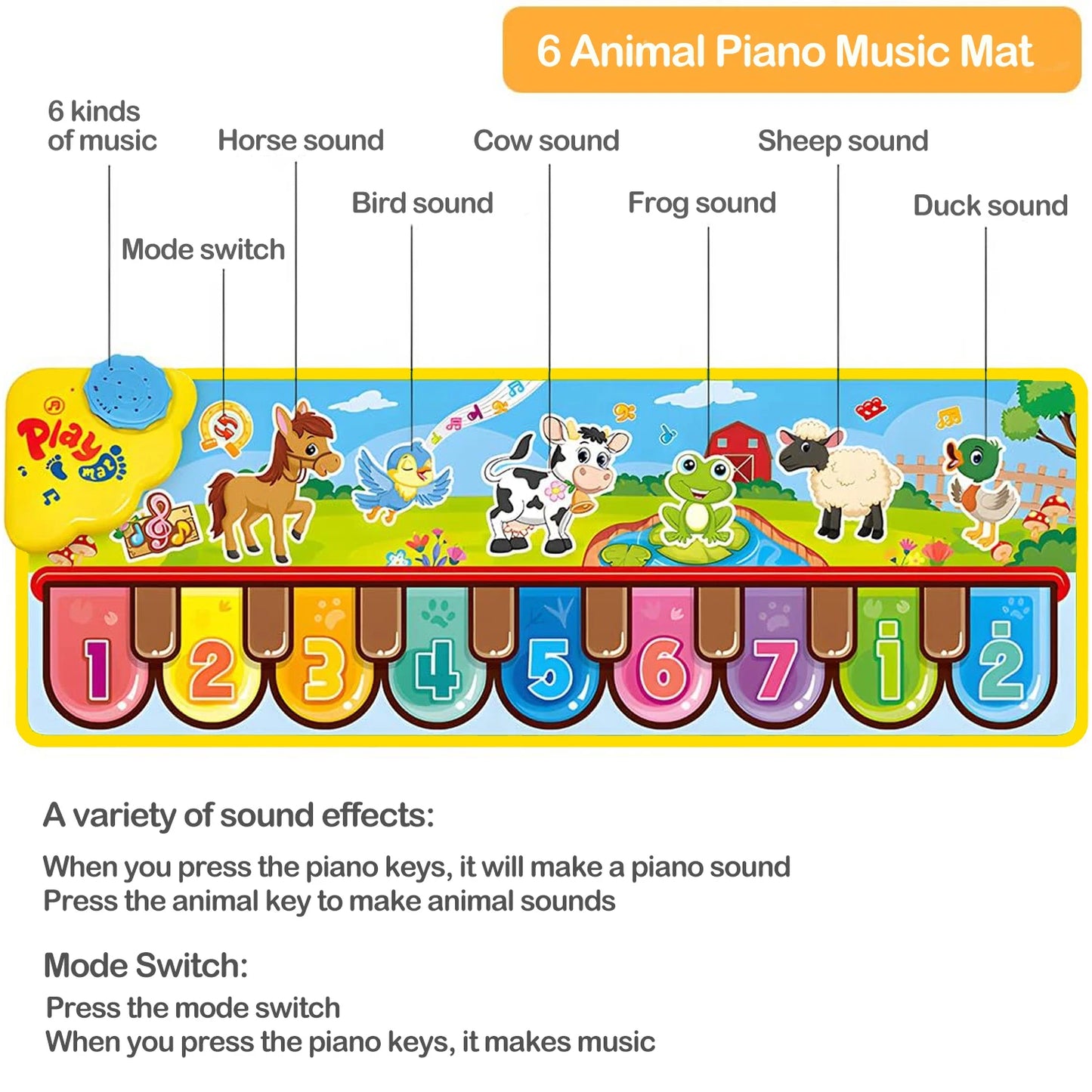 Musical Piano Floor Mat | Interactive Kids Playmat with Music & Animal Sounds