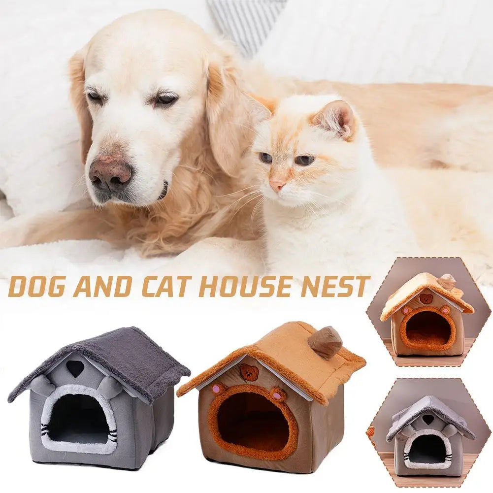 Foldable Pet House Bed | Warm Dog & Cat Kennel Nest with Mat for Winter Comfort