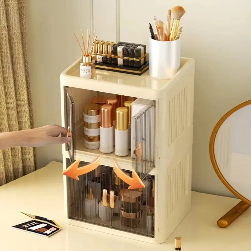 Foldable Cosmetics Storage Box | Double Door Bathroom & Household Organizer