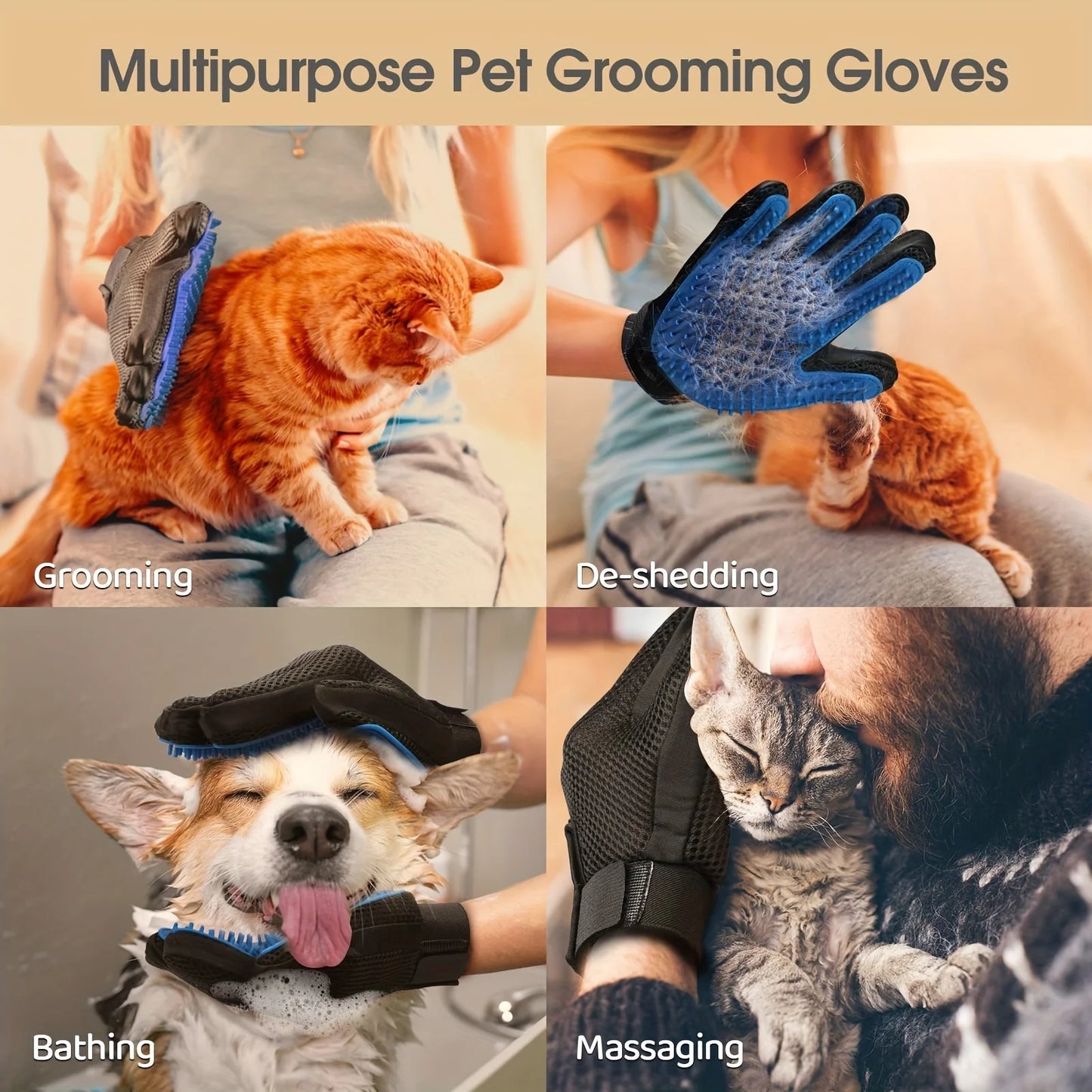 2PC Pet Grooming Gloves | Hair Removal & Massage Mitts for Dogs & Cats