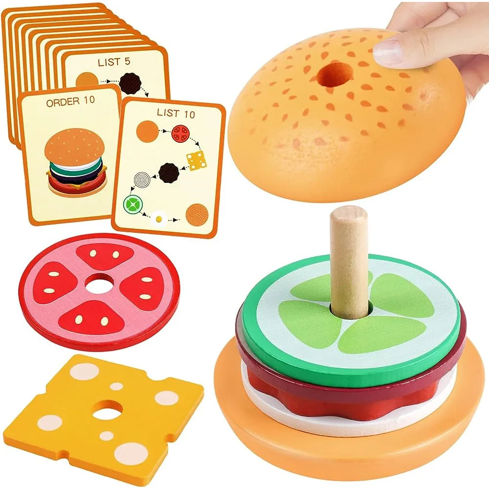 Montessori Wooden Burger Stacking Toy | Educational Preschool Kitchen Learning Game