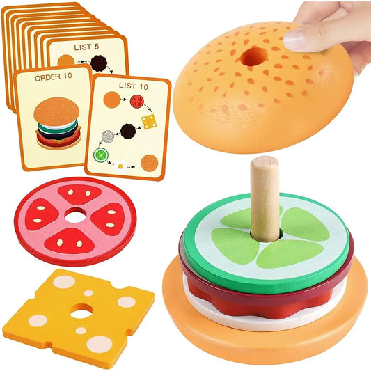 Montessori Wooden Burger Stacking Toy | Educational Preschool Kitchen Learning Game