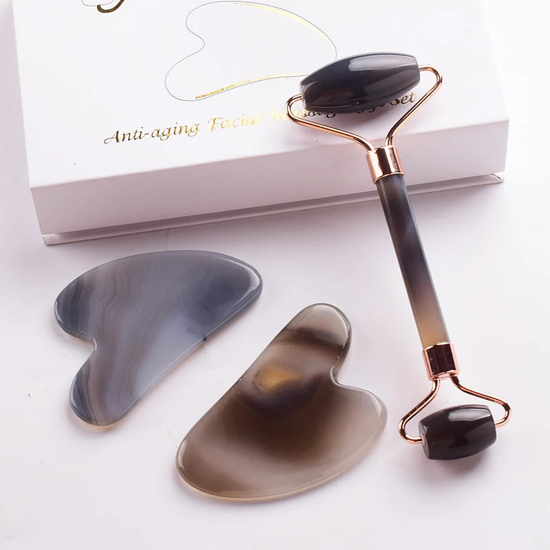 Grey Agate Jade Roller & Gua Sha Set | Natural Face Massager for Skin Care & Lifting
