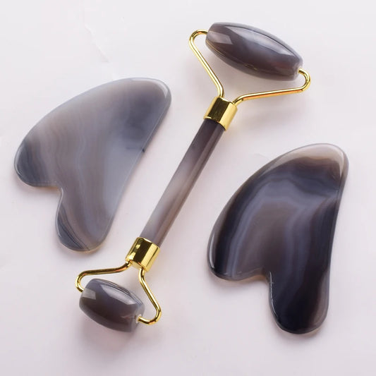Grey Agate Jade Roller & Gua Sha Set | Natural Face Massager for Skin Care & Lifting
