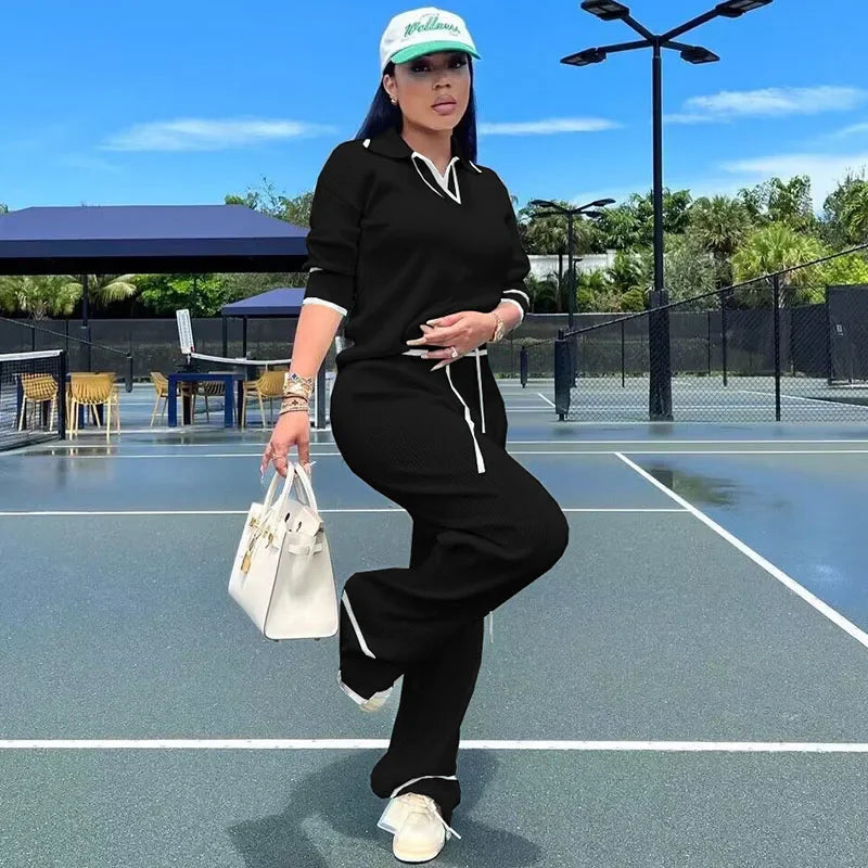 Women’s Knitted Tracksuit Set | 2-Piece Activewear Sweater Top & Wide-Leg Pants