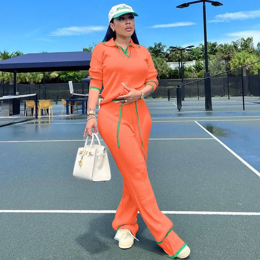 Women’s Knitted Tracksuit Set | 2-Piece Activewear Sweater Top & Wide-Leg Pants