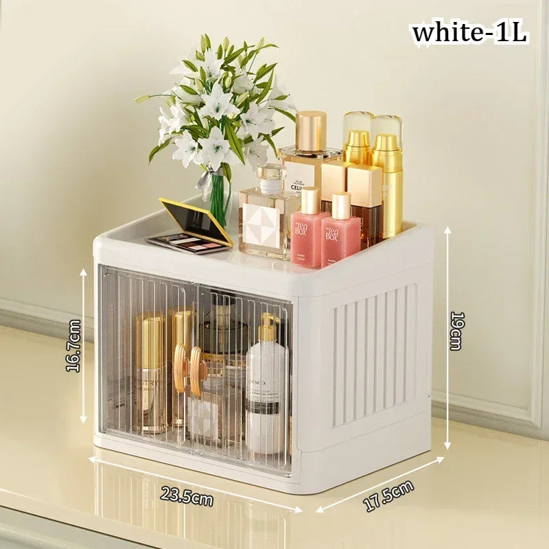 Foldable Cosmetics Storage Box | Double Door Bathroom & Household Organizer