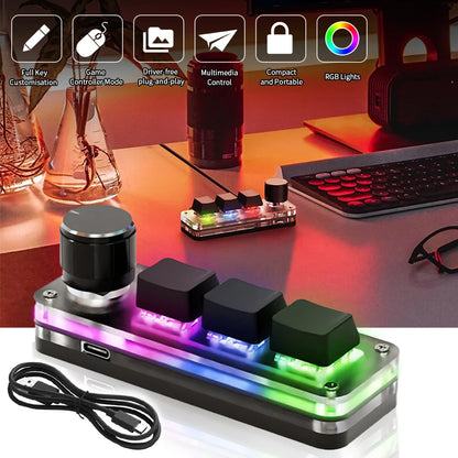 USB Mechanical Macro Keyboard | 3-Key Custom RGB Mini Keypad with Programming Knob