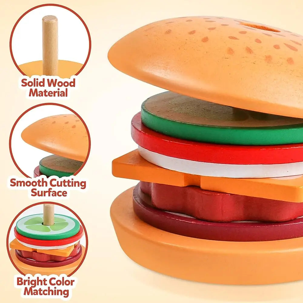 Montessori Wooden Burger Stacking Toy | Educational Preschool Kitchen Learning Game