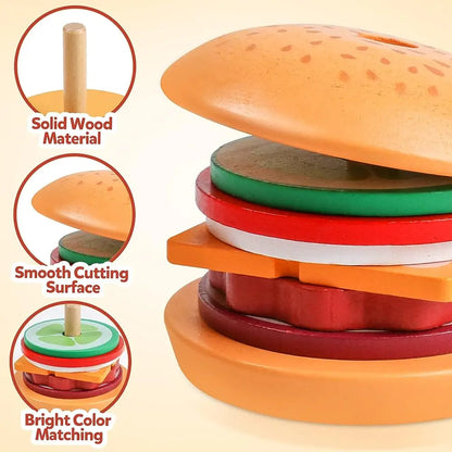 Montessori Wooden Burger Stacking Toy | Educational Preschool Kitchen Learning Game