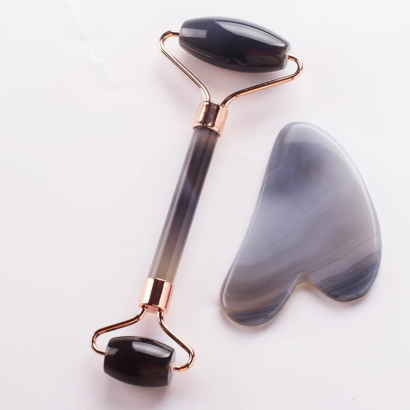 Grey Agate Jade Roller & Gua Sha Set | Natural Face Massager for Skin Care & Lifting