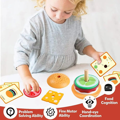Montessori Wooden Burger Stacking Toy | Educational Preschool Kitchen Learning Game